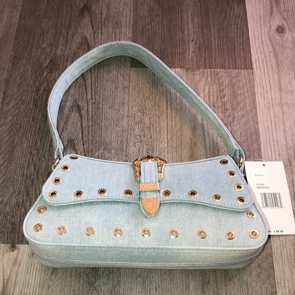 Betsey Johnson Cotton & Polyester Light Wash Denim Shoulder Bag Gold Rivets NWT